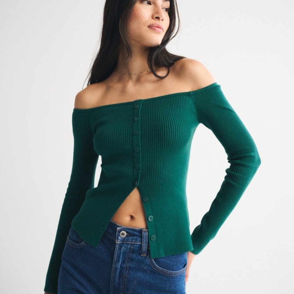 Abercrombie & Fitch Forest Green Ribbed Button-Front Top